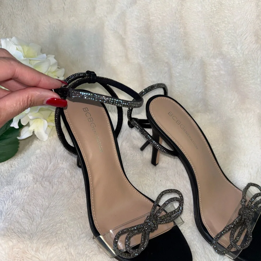 BCBGeneration Black Crystal Bow Ankle-Strap Heels size 8.5